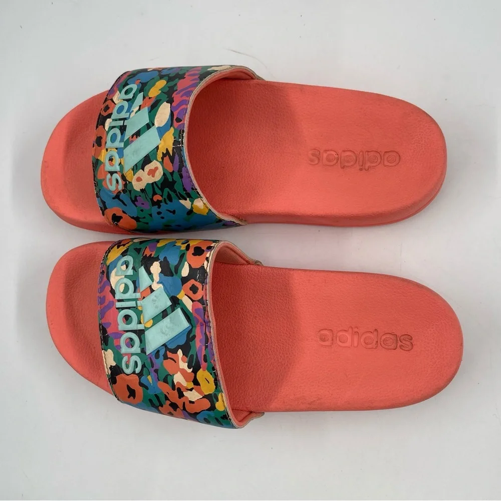 Adidas Kids Adilette Orange & Floral - SZ 3Y - Shower/Pool Slip-On Slide Sandal